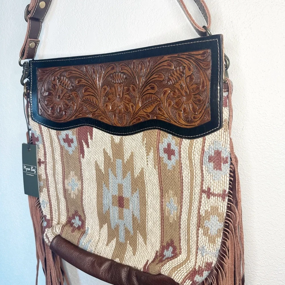 Tooled Leather Western Fringe Aztec Patterned Purse - Picture 2 of 6